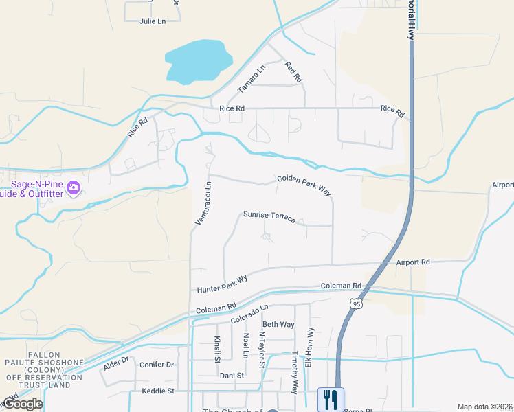 map of restaurants, bars, coffee shops, grocery stores, and more near 574 Sunrise Terrace in Fallon