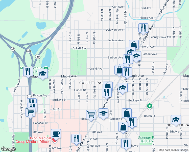 map of restaurants, bars, coffee shops, grocery stores, and more near Maple Ave & N 10th St in Terre Haute