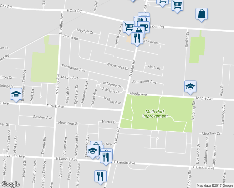 map of restaurants, bars, coffee shops, grocery stores, and more near 1451 South Maple Drive in Vineland