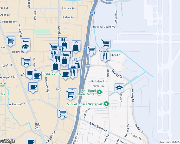 map of restaurants, bars, coffee shops, grocery stores, and more near 3400 Kindred Avenue in Reno