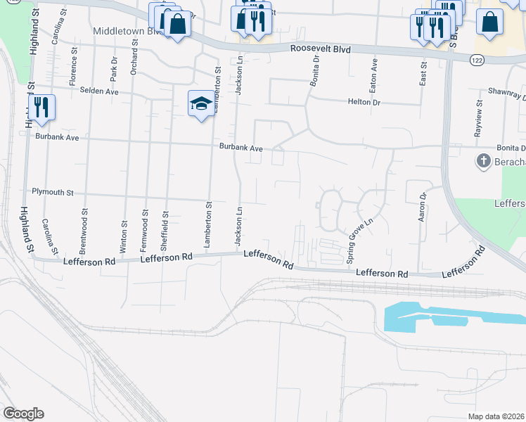 map of restaurants, bars, coffee shops, grocery stores, and more near 3509 Brian Court in Middletown