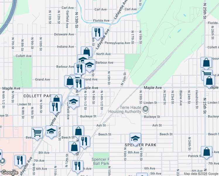 map of restaurants, bars, coffee shops, grocery stores, and more near 2213 N 15th St in Terre Haute