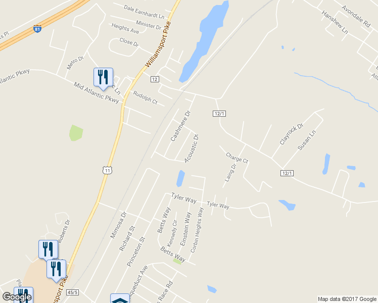 map of restaurants, bars, coffee shops, grocery stores, and more near 201 Acoustic Drive in Martinsburg