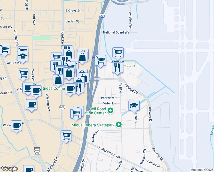 map of restaurants, bars, coffee shops, grocery stores, and more near 3512 Carlos Lane in Reno