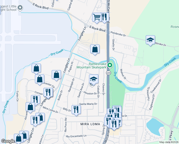 map of restaurants, bars, coffee shops, grocery stores, and more near 4349 Pescado Way in Reno