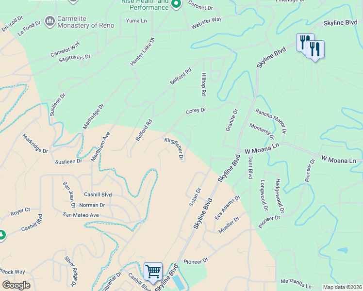 map of restaurants, bars, coffee shops, grocery stores, and more near 3260 Kingfisher Drive in Reno