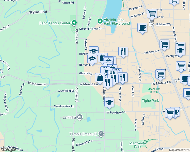 map of restaurants, bars, coffee shops, grocery stores, and more near 1150 Glenda Way in Reno