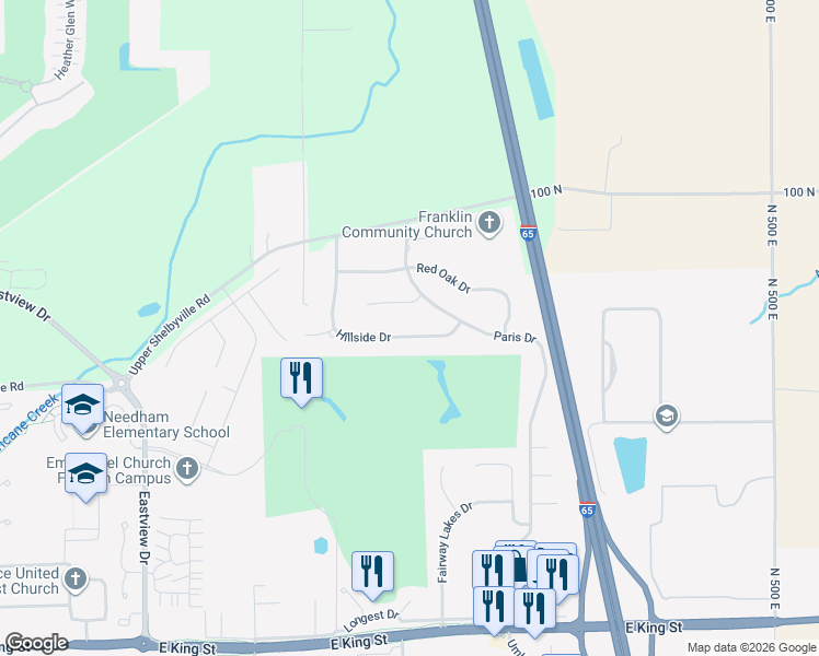 map of restaurants, bars, coffee shops, grocery stores, and more near 1884 Hillside Drive in Franklin