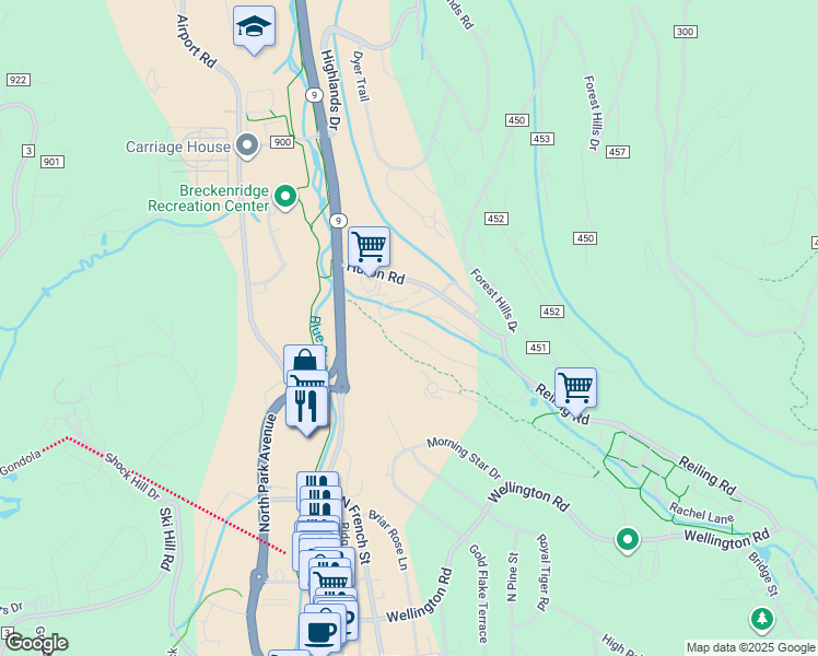 map of restaurants, bars, coffee shops, grocery stores, and more near 38 Magnum Bonum Drive in Breckenridge