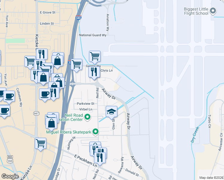 map of restaurants, bars, coffee shops, grocery stores, and more near 1485 Evelyn Way in Reno