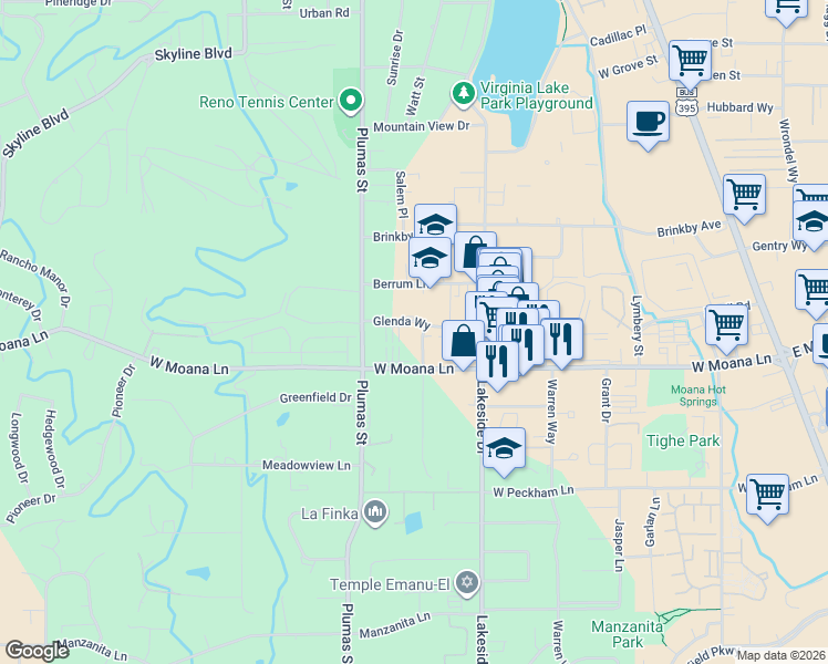 map of restaurants, bars, coffee shops, grocery stores, and more near 3245 Clover Way in Reno
