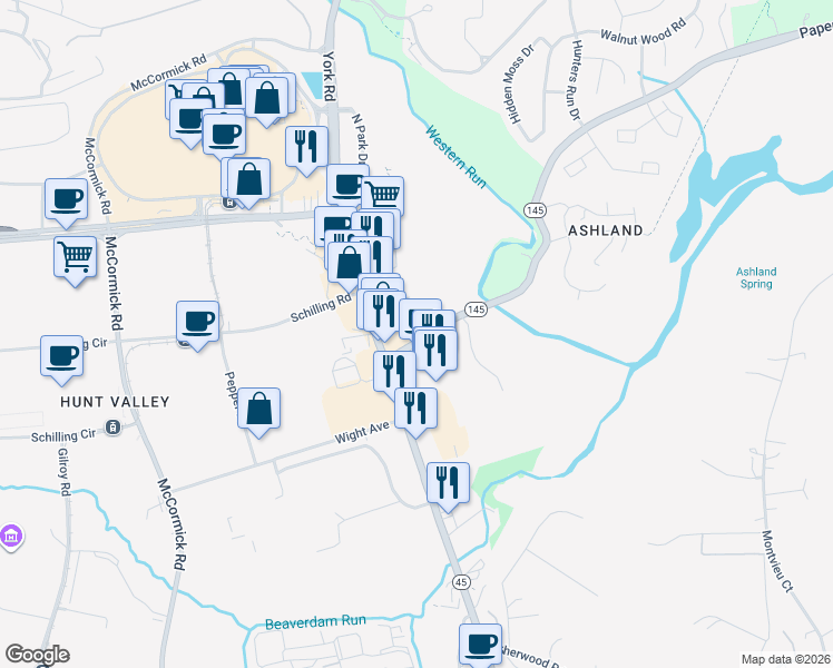 map of restaurants, bars, coffee shops, grocery stores, and more near 56 Ashland Road in Cockeysville