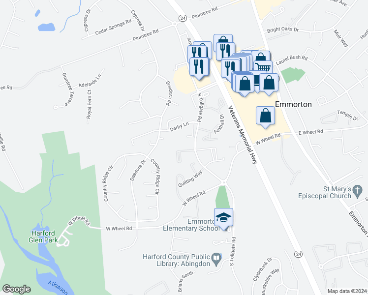 map of restaurants, bars, coffee shops, grocery stores, and more near 314 Althea Court in Bel Air