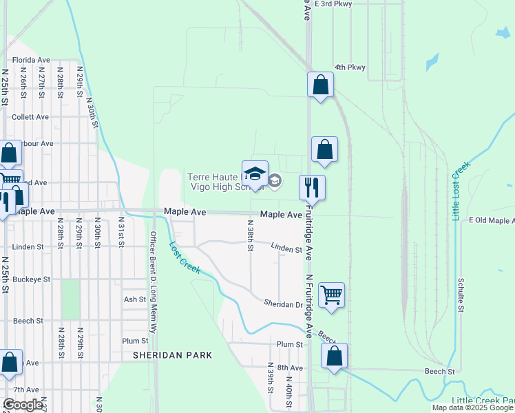 map of restaurants, bars, coffee shops, grocery stores, and more near 3434 Maple Avenue in Terre Haute