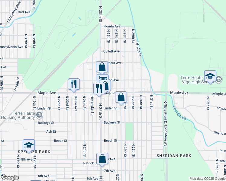 map of restaurants, bars, coffee shops, grocery stores, and more near 2601 Maple Avenue in Terre Haute