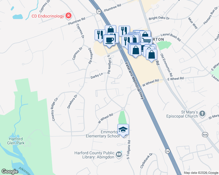 map of restaurants, bars, coffee shops, grocery stores, and more near 201 Burkwood Court in Bel Air