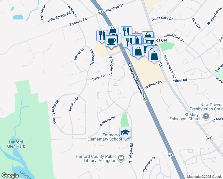 map of restaurants, bars, coffee shops, grocery stores, and more near 201 Burkwood Court in Bel Air