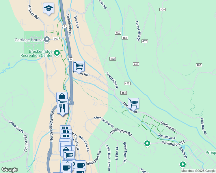 map of restaurants, bars, coffee shops, grocery stores, and more near 235 Huron Road in Breckenridge