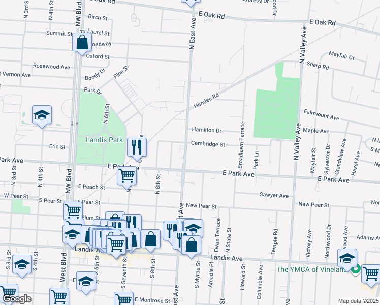 map of restaurants, bars, coffee shops, grocery stores, and more near 509 North East Avenue in Vineland