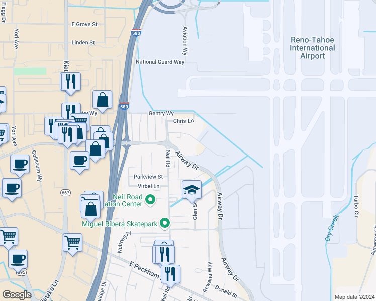 map of restaurants, bars, coffee shops, grocery stores, and more near 1485 Evelyn Way in Reno