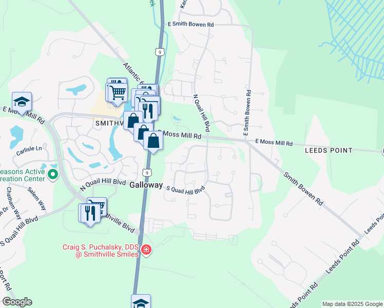 map of restaurants, bars, coffee shops, grocery stores, and more near 758 Cooper Ferry Court in Galloway