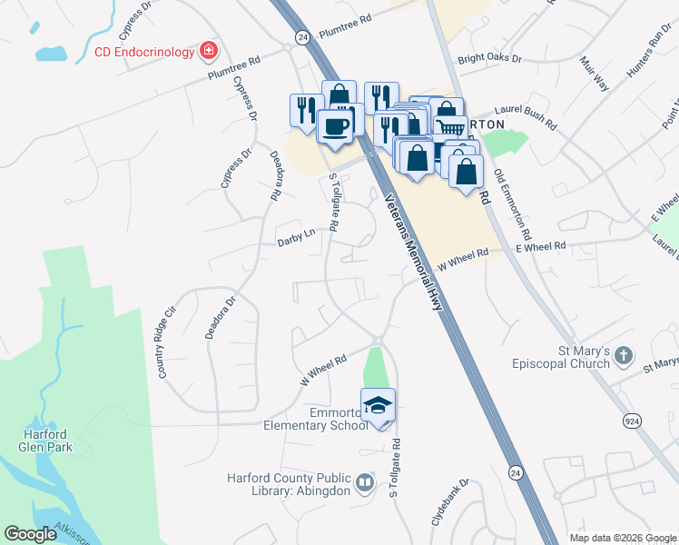 map of restaurants, bars, coffee shops, grocery stores, and more near 201 Burkwood Court in Bel Air