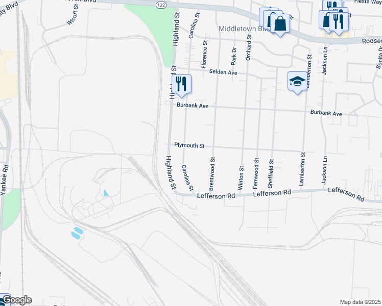 map of restaurants, bars, coffee shops, grocery stores, and more near 2129 Carolina Street in Middletown