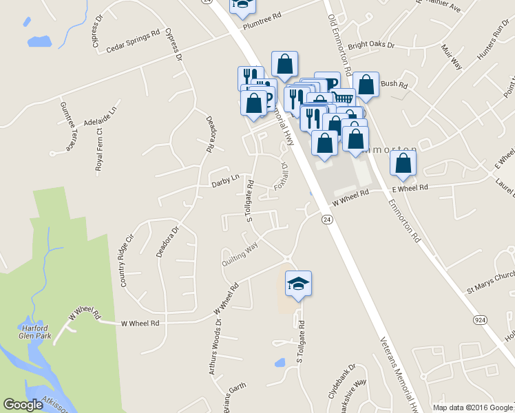 map of restaurants, bars, coffee shops, grocery stores, and more near 201 Burkwood Court in Bel Air