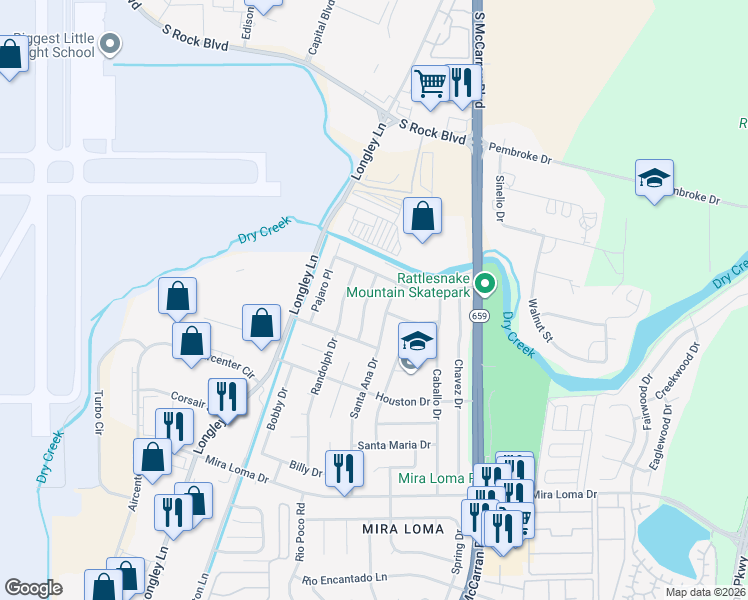 map of restaurants, bars, coffee shops, grocery stores, and more near 2761 Santa Ana Drive in Reno
