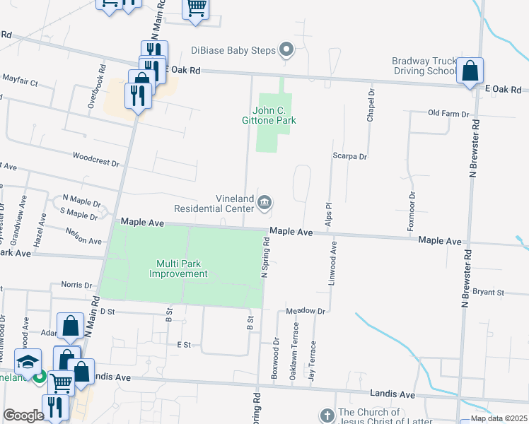map of restaurants, bars, coffee shops, grocery stores, and more near 2000 Maple Avenue in Vineland