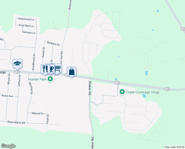 map of restaurants, bars, coffee shops, grocery stores, and more near 3384 Shaker Road in Franklin