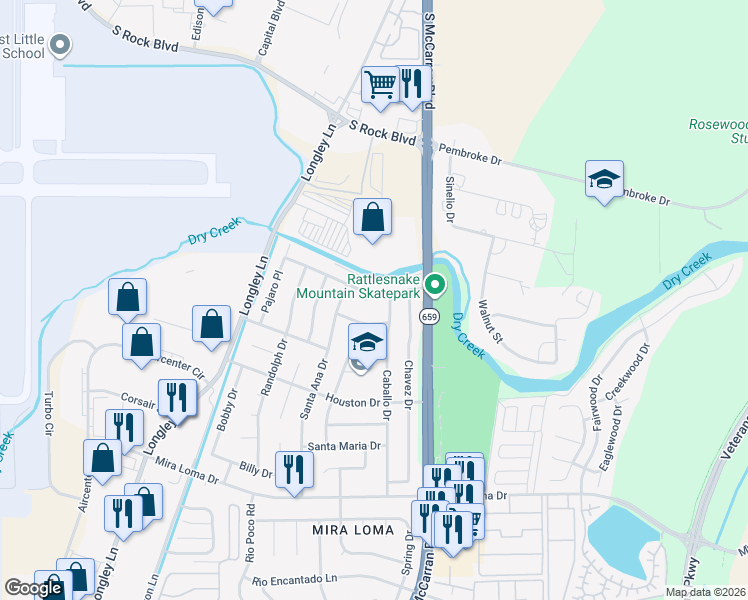 map of restaurants, bars, coffee shops, grocery stores, and more near 4360 Perro Lane in Reno