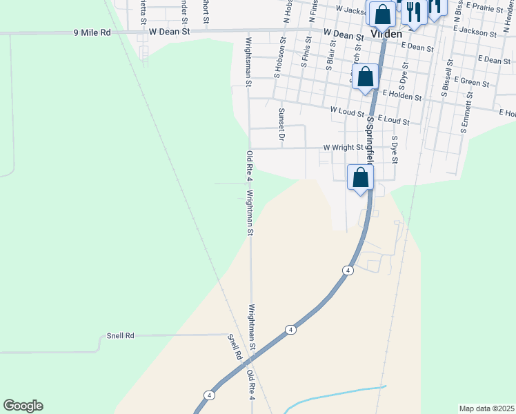 map of restaurants, bars, coffee shops, grocery stores, and more near 617 South Wrightsman Street in Virden