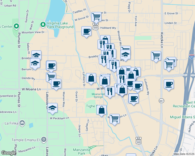 map of restaurants, bars, coffee shops, grocery stores, and more near 3350 Smith Drive in Reno