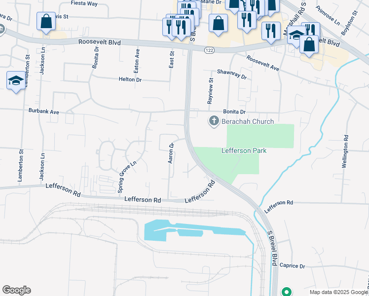 map of restaurants, bars, coffee shops, grocery stores, and more near 2044 South Breiel Boulevard in Middletown