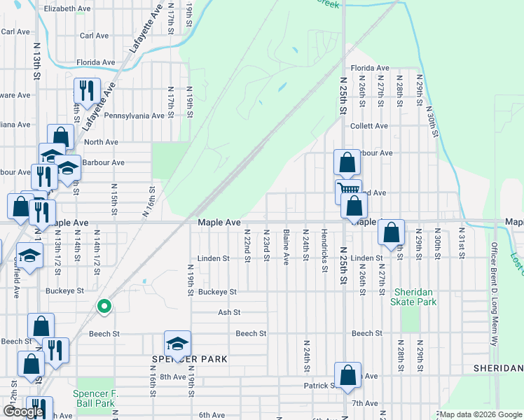 map of restaurants, bars, coffee shops, grocery stores, and more near 2223 Maple Avenue in Terre Haute