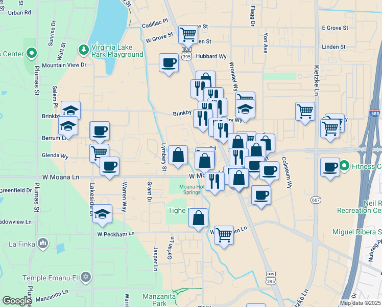 map of restaurants, bars, coffee shops, grocery stores, and more near 3350 Smith Drive in Reno