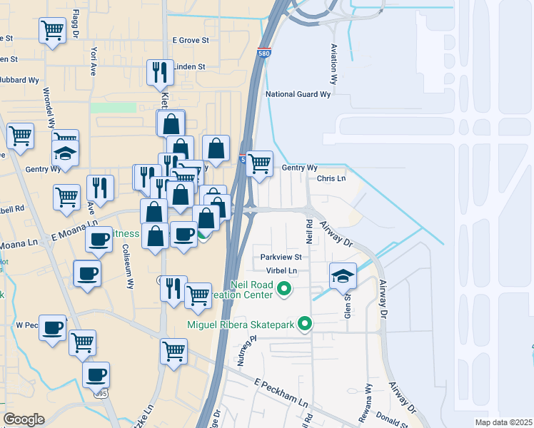 map of restaurants, bars, coffee shops, grocery stores, and more near 1120 East Moana Lane in Reno