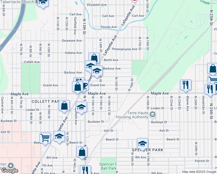 map of restaurants, bars, coffee shops, grocery stores, and more near 1500 Grand Avenue in Terre Haute