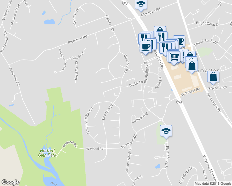 map of restaurants, bars, coffee shops, grocery stores, and more near 408 Ruxton Court in Bel Air