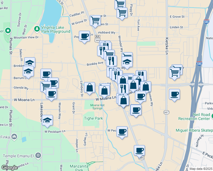 map of restaurants, bars, coffee shops, grocery stores, and more near 3400 Sigg Drive in Reno