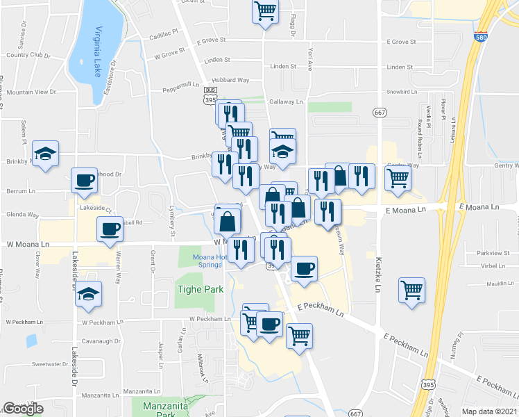 map of restaurants, bars, coffee shops, grocery stores, and more near 3350 S Virginia St in Reno