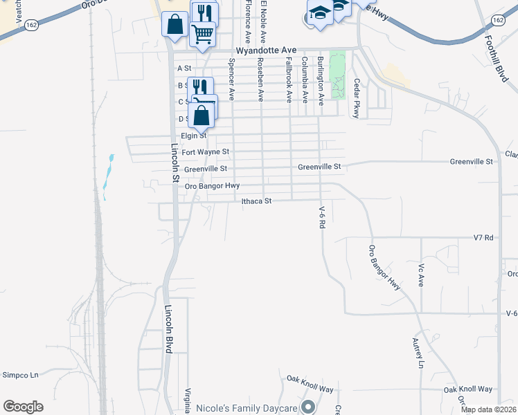 map of restaurants, bars, coffee shops, grocery stores, and more near 2375 Ithaca Street in Oroville