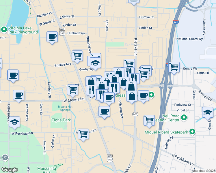 map of restaurants, bars, coffee shops, grocery stores, and more near 201 East Moana Lane in Reno