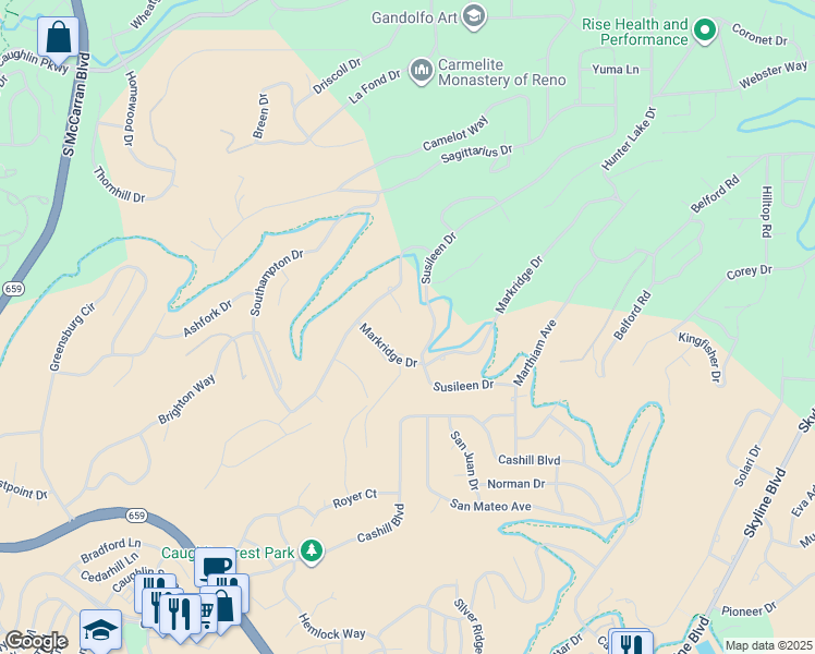 map of restaurants, bars, coffee shops, grocery stores, and more near 3358 Meridian Court in Reno
