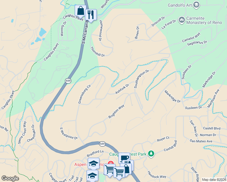 map of restaurants, bars, coffee shops, grocery stores, and more near 3575 Ashfork Drive in Reno