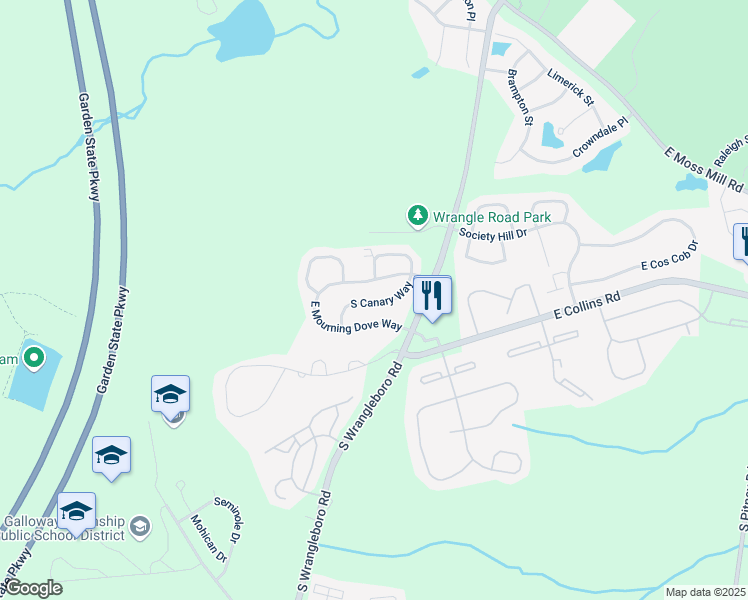 map of restaurants, bars, coffee shops, grocery stores, and more near 128 East Mourning Dove Way in Galloway