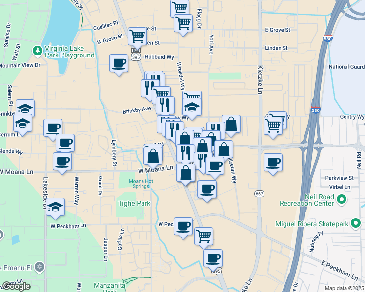 map of restaurants, bars, coffee shops, grocery stores, and more near 208 Gentry Way in Reno