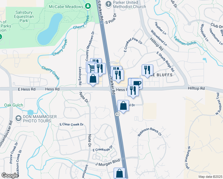 map of restaurants, bars, coffee shops, grocery stores, and more near South Parker Road & Hess Road in Parker