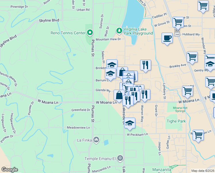 map of restaurants, bars, coffee shops, grocery stores, and more near 1200 Berrum Lane in Reno